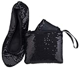 Women's Portable Foldable Ballet Flats Shoes Pumps Roll Up Slippers with Travel Pouch Bag (M, Black Sequin)