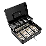 Cash Box with Lock Key and Money Tray Large Money Box for Cash Metal Lock Box for Money 11.8" x 9.4" x 3.54" Black
