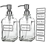 KUSVADO 18Oz Antique Thick Glass Soap Dispenser with 304 Rustproof Stainless Steel Pump, Kitchen Dish Soap Dispenser, Bathroom Liquid Soap Dispenser with 12 Pcs Waterproof Labels (2-Pack)