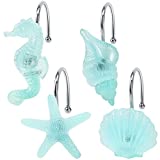 Beach Shower Curtain Hooks, Glow in The Dark, Unique Blue Starfish, Seashell, Conch and Seahorse, Stainless Steel Hooks, Beachcomber Collection Ocean Seaside Pretty Bathroom Dcor
