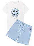 Floerns Men's Graphic Print T Shirt Drawstring Waist Shorts Set 2 Piece Outfit Blue and White L