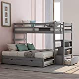 Polibi StairwayTwin Over Twin/King Bunk Bed with Twin Size Trundle, Drawers and Guardrail, 3-in-1 Wood Trundle Bunk Bed for Boys and Girls, Grey