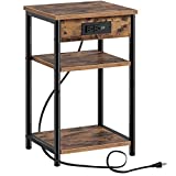 Rolanstar End Table with Charging Station, 3 Tier Slim Nightstand with Storage Shelf, Narrow Side Table with USB Ports & Power Outlets, Steel Frame, for Living Room, Bedroom, Rustic Brown