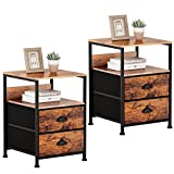 Furologee Set of 2 Nightstand, End Table with 2 Fabric Drawers and Shelf, Industrial Side Sofa Table, Bedside Accent Furniture Metal Frame Easy Assembly for Living Room/Bedroom/Hallway, Rustic Brown