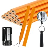 14 Pcs Carpenter Pencils, 7 Inches Flat Octagonal Hard Black Woodworking Construction Pencils Heavy Duty with Pencil Sharpener and Retractable Pull Pencil Holder for Contractor Carpentry (Yellow)