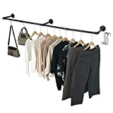 Crehomfy Industrial Pipe Clothes Rack with 3 Hooks, 72'L Wall Mounted Garment Rack, Heavy Duty Iron Garment Bar, Clothes Hanging Rod Bar for Laundry Room, Max Load 135Lb Black (3 Base)