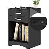 HOSEOKA Black Nightstand with Charging Station 2 Drawer Bedroom Nightstand Wood Sofa Side Table End Table with USB Ports and Storage, Small Kids Nightstand