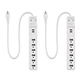 Amazon Basics 6-Outlet Surge Protector Power Strip, 2 USB Ports, 2 Ft Cord - 500 Joule, White, 2-Pack