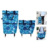 Folding Shopping Bag Collapsible Trolley Bags with Wheels Foldable Shopping Cart Reusable Shopping Bags Grocery Bags Shopping Trolley Bag on Wheels for Women (Blue Flora)