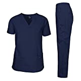 Dagacci Scrub Medical Uniform Mens Scrub Set Medical Scrub Top and Pants (Small, Navy)