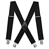 Fasker Mens Suspenders X-Back 2" Wide Adjustable Solid Straight Heavy Duty Clip Suspenders for Men Women, Black