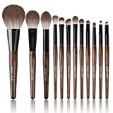 Deluxe Natural Goat Hair Walnut Makeup Brush Set by Luxury ENZO KEN with Travel Case, Gothic Brown Essential Eye Eyeshadow Brushes Set with Bag, Organic Wood Face Nose Contour Concealer Blending Cosmetic Brush Sets & Kits, Goth 12 Piece Black Brushes