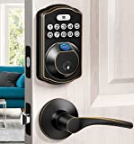 Fingerprint Door Lock with 2 Lever Handles, Veise Keyless Entry Door Lock, Front Door Lock Handle Sets, Code Door Lock, Auto Lock & 1 Touch Locking, Easy Installation, Oil Rubbed Bronze