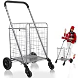 Shopping Cart with Wheels, Realife Folding Utility Cart with Brake for Grocery, Holds Up to 90lbs, Silver