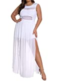 730 Plus Size Double Slits Lace Chiffon Jumpsuit Maxi Dress (1X, White)