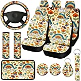 15 Pcs Boho Rainbow Star Car Seat Covers Full Set for Women, Daisy Steering Wheel Cover Shoulder Pads Armrest Pad Keychain Wrist Strap Coasters Auto Seat Universal for Vehicle Suv Truck Protector