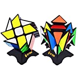 JoyTown Speed Cube Set of 2 Bundle Pack Windmill Cube Magic Puzzle, YJ Axis V2 New Version Fluctuation Angle Twisty Puzzle, Odd 3x3 Speedcubing with Bonus Stands Black