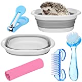 5 Pcs Hedgehog Bath Supplies Hamster Sand Bath Small Animal Pet Bathroom Include Foldable Bathtub, 2 Pcs Cleaning Brush Tool, Bath Towel, Clippers Claw Trimmer for Hamster Gerbil Squirrel(Gray-White)