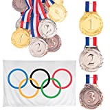 Metal Winner Gold Silver Bronze Award Medals with Olympic Flag Pack - 9 Pcs Metal Medal 1st 2nd 3rd with Ribbons 1 Pc 3x5 Ft Olympic Flag - Baseball Sports Games Themed Party Favors Honorary Items