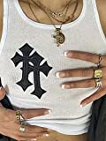 Women's Round Neck Racerback Tank Tops Rib Cross Patched Sleeveless Crop Top White B