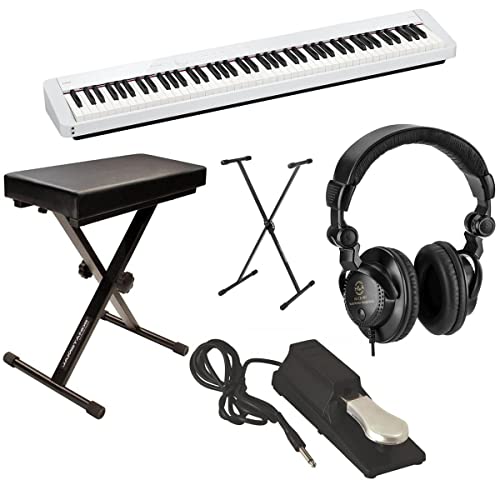 Casio PX-S1100 Privia 88-Key Slim Stage Portable Digital Piano with Bluetooth Adapter, White Bundle with Studio Headphones, Keyboard Stand, Bench, Sustain Pedal