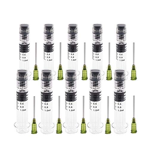 Kopperko 10 Pack Borosilicate Glass Syringe - 1ml Syringe, Heat Resistant Luer Lock Syringe for Labs - Glue Syringe for Use With Liquids, Glue, Oils, Ink - Bonus 14GA Blunt Tip Non-Hypodermic Needles