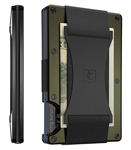 The Ridge Minimalist Slim Wallet For Men - RFID Blocking Front Pocket Credit Card Holder - Aluminum Metal Small Mens Wallets with Cash Strap (Matte Olive)
