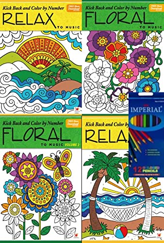 Landoll Stress Relieving Adult Color-by-Number Books Assorted 4-Pack Plus 12 Colored Pencils