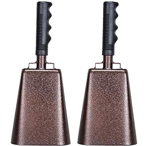2 pack 10 in. steel cowbell/Noise makers with handles. Cheering Bell sporting, football games, events. Large solid school hand bells. Cowbells. Percussion Musical Instrument. Cow Bell Alarm (Copper)