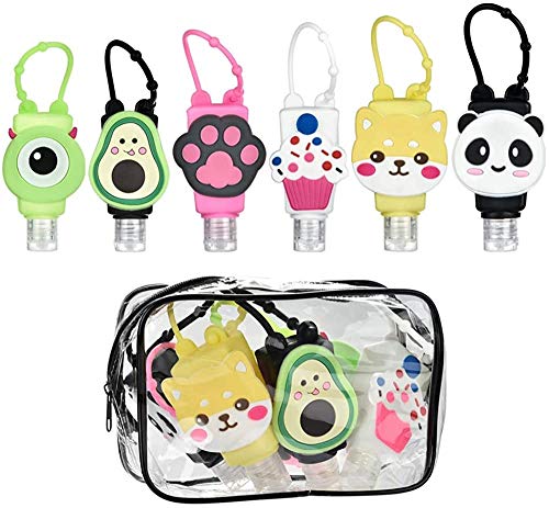 6 Pack Cartoon Mini Hand Sanitizer Split Bottles Travel Portable Hand Gel Holder for Kids Adults with Carry Bag,30ml Caapcity