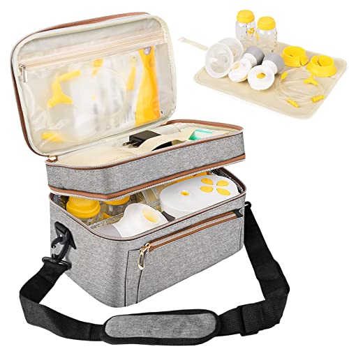 Breast Pump Bag, Wearable Breastfeeling Pump Bag Adjustable Velcro Compatible with Breast Pumps for Momcozy, Medela, Lansinoh, Elvie, Willow, 2 Layer Breast Pump Carrying Case with Widen Straps Gray