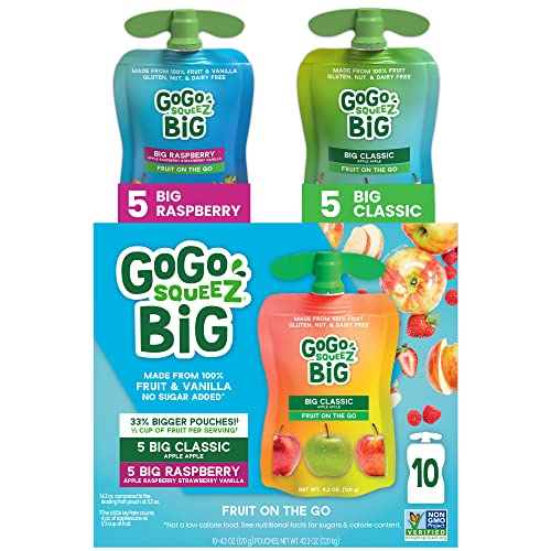 GoGo BIG squeeZ Playful Pear & Spunky Strawberry, 4.2 oz. (10 Pouches) - Bigger, Tasty Kids Snacks Made from Pears and Strawberries - Gluten Free Snacks - Nut & Dairy Free - Vegan Snack (Cap May Vary)