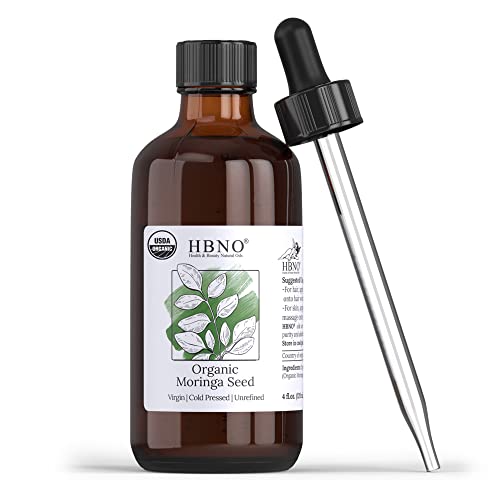 HBNO Pure Organic Moringa Oil for Hair 4 oz (120 ml) 100% Pure & USDA Certified Organic - Premium Therapeutic Grade for Aromatherapy - Contains Moringa Oil Organic Nutrients - Essential for Glowing Skin