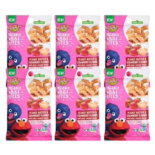 Earth's Best Organic Kids Snacks, Sesame Street Toddler Snacks, Organic PB&J Bites for Toddlers 2 Years and Older, Peanut Butter and Strawberry Flavored with Other Natural Flavors, 3oz Bag (Pack of 6)