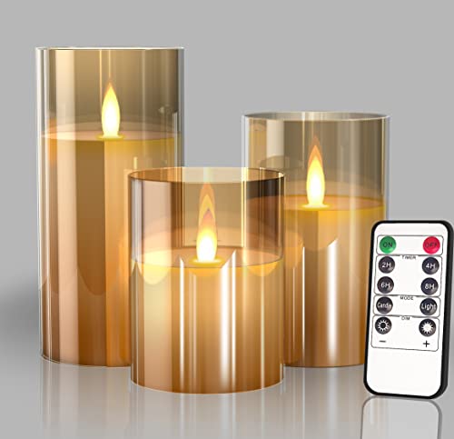 Glass Battery Operated LED Flameless Candles with Remote and Timer, Real Wax Candles Warm Color Flickering Light for Festival Wedding Home Party Decor(Pack of 3)-Gold