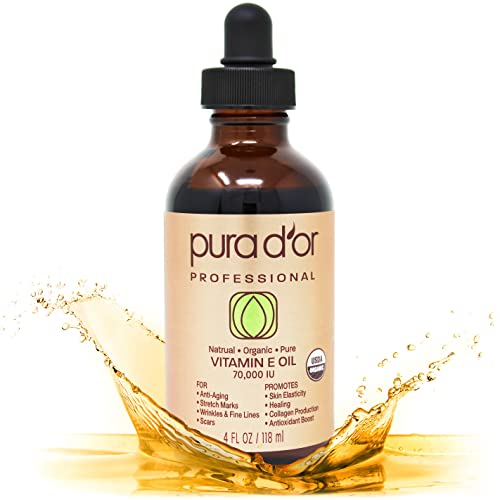 PURA D'OR Organic Vitamin E Oil Blend 70,000 IU (4oz / 118mL) 100% Natural Hexane Free, Sweet Almond, Apricot, Jojoba, Argan, Rosehip, Sunflower & Avocado Bath Oil for Scars, Skin, Face & Full Body