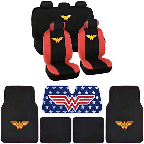 Wonder Woman Car Seat Covers Gift Set - Officially Licensed Warner Brothers Auto Accessories Bundle, Includes Car Seat Covers with Car Floor Mats and Sunshade