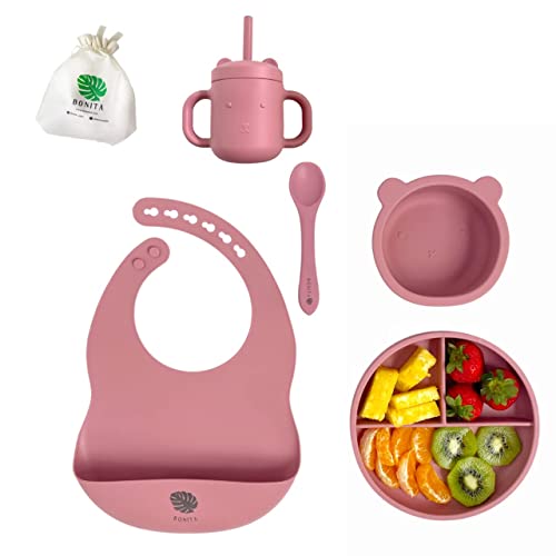 Bonita Complete Silicone Feeding Set Suction Baby Bowl&Plate|Bib|Spoon|Bear Cup 6PIECES Organic 100%BPA-Free Baby Led Weaning Supplies Dishwasher,Microwave Safe|Platos para Bebes (Complete Rose)