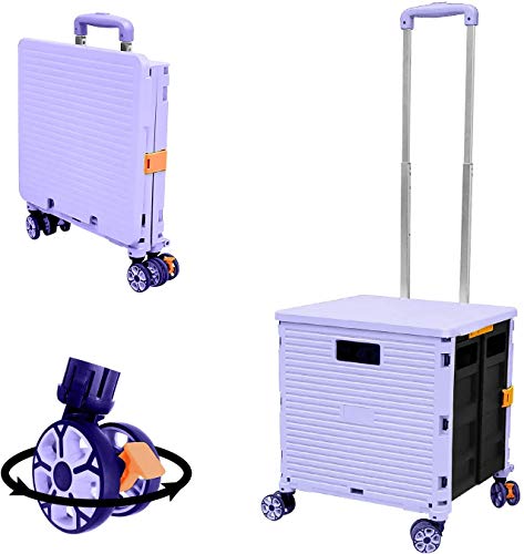 Foldable Utility Cart Folding Portable Rolling Crate Handcart with Durable Heavy Duty Plastic Telescoping Handle Collapsible 4 Rotate Wheels for Travel Shopping Moving Luggage Office Use(Purple)