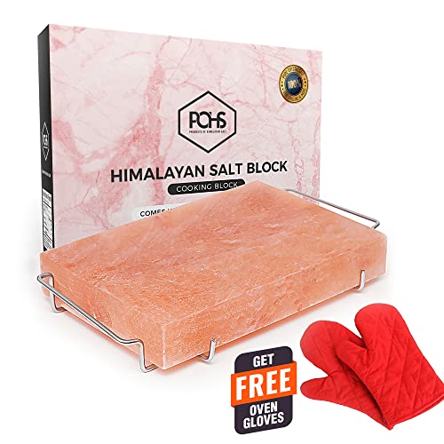 POHS Himalayan Salt Block, 12"x 8" x 2" Salt Slab - Free Stainless Steel Salt Plate Holder & Glove