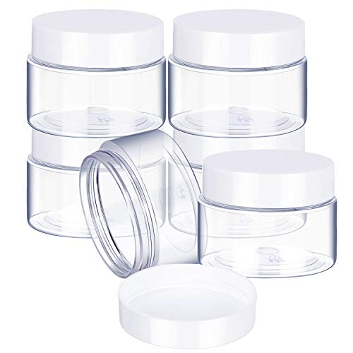 6 Pack 2 oz Plastic Pot Jars Round Clear Leak Proof Plastic Cosmetic Container Jars with White Lids for Travel Storage Make Up, Eye Shadow, Nails, Powder, Paint, Jewelry(2 oz)