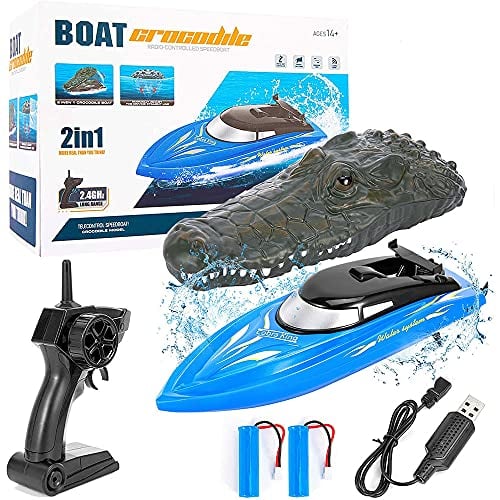 2 in 1 RC Boat for Kids and Adults, Acekid 2.4GHz 10km/H Electric Racing Boat with Two Turbo Simulation Crocodile Head Remote Control Boats for Pools and Lakes