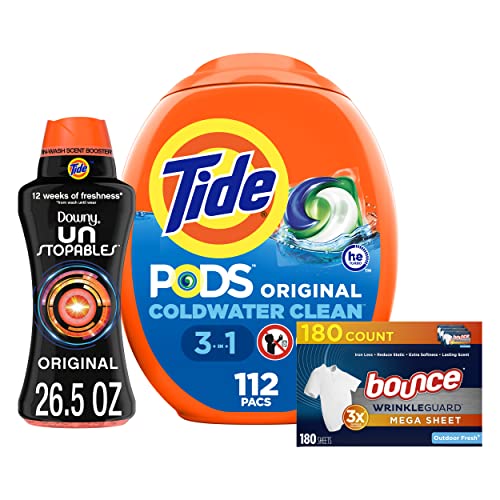 Tide Laundry Bundle: Tide PODS, 112ct; Downy Unstopables Scent Booster Beads, 26.5oz; Bounce WrinkleGuard Mega Dryer Sheets, 180ct