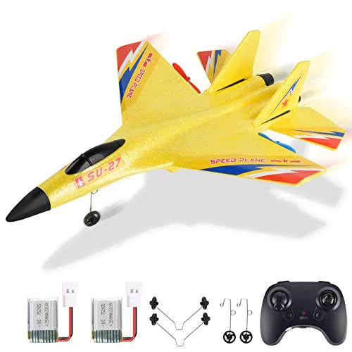 OUSEXI Remote Control Airplane for Boys Girls, Yellow RC Airplane Comes with 2 Batteries , 2.4 GHZ 2 Channels RC Aircraft for Beginners Kids(with Night Light)