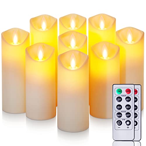 Raycare Flameless Flickering Battery Operated Candles, LED Fake Pillar Candles with Remote Control and Timers,D 2.2" x H 5" 6" 7", Ivory, Plastic, Set of 9