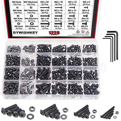 DYWISHKEY 1220 Pieces M2 M3 M4 M5, 10.9 Grade Alloy Steel Hex Button Head Cap Bolts Screws Nuts Washers Assortment Kit with Hex Wrenches