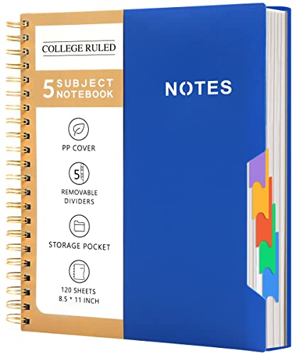 CAGIE 5 Subject Notebook College Ruled 8.5'' x 11'' Hardcover Spiral Lined Notebook with 5 Removable Colored Dividers 240 Pages Notebooks for Work, School Supplies, Home & Office, Writing Journal