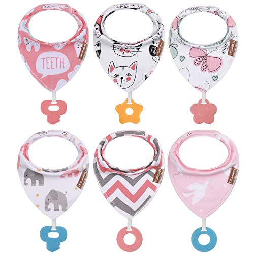 vuminbox Baby Bandana Drool Bibs 6-Pack and Teething Toys 6-Pack Made with 100% Organic Cotton, Absorbent and Soft Unisex (Multicolor)
