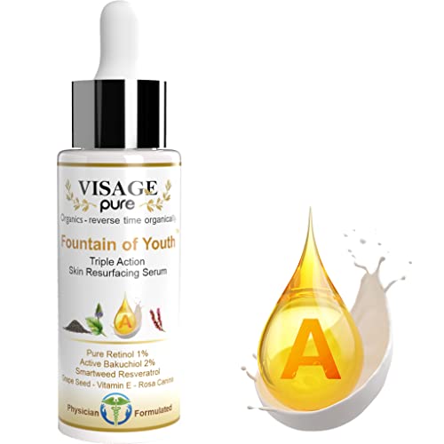 Fountain of Youth - Triple Action Skin Resurfacing - Face Serum - by Visage Pure - Retinol, Bakuchiol (Babchi Oil), Resveratrol, Tightening and Powerful Antiaging Serum - Organic - Physician Formulated - Research Supported