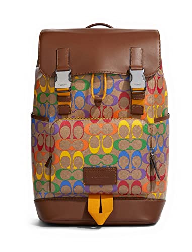 COACH Mens Track Backpack In Leather (QB/Khaki Multi With Rainbow Signature Canvas)